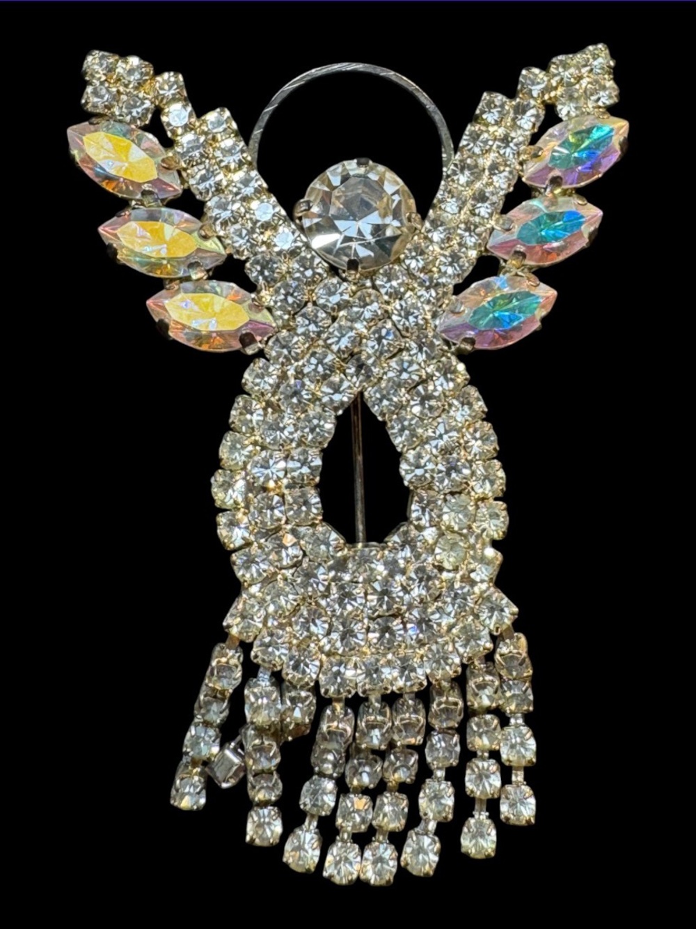 Vintage Christmas Angel Articulated Brooch Pin Silver Tone Rhinestones